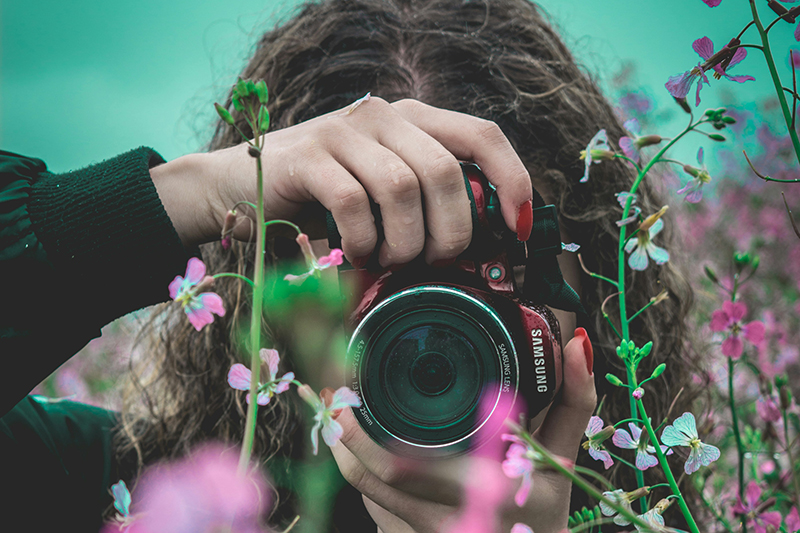 A camera lens in some wild flowers, pointed towards the viewer