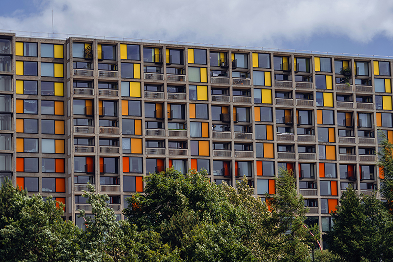 Housing in Sheffield with colourful windows