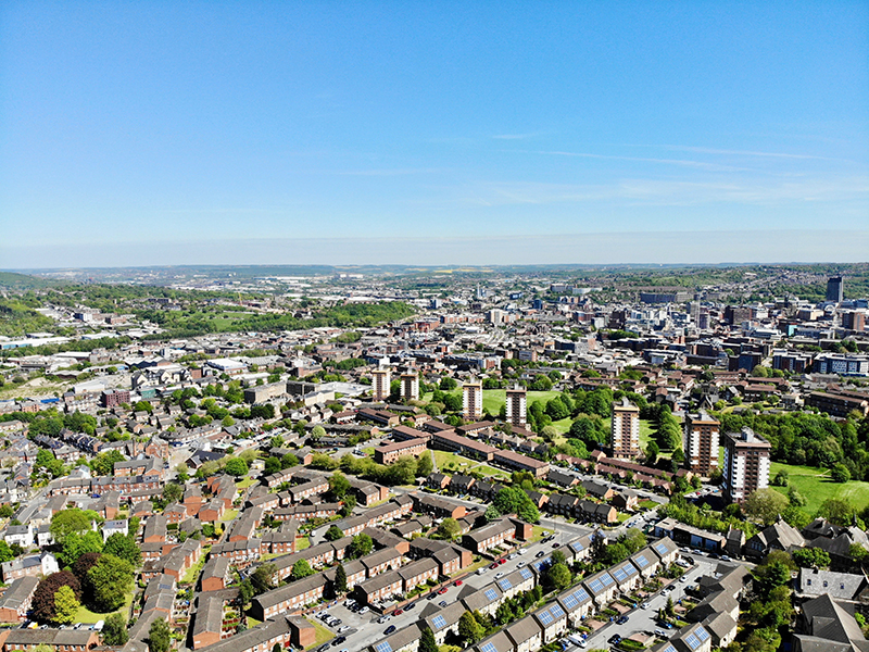 A view across Sheffield houses from above