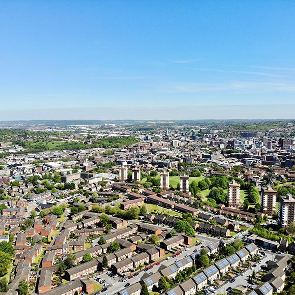 A view across Sheffield houses from above